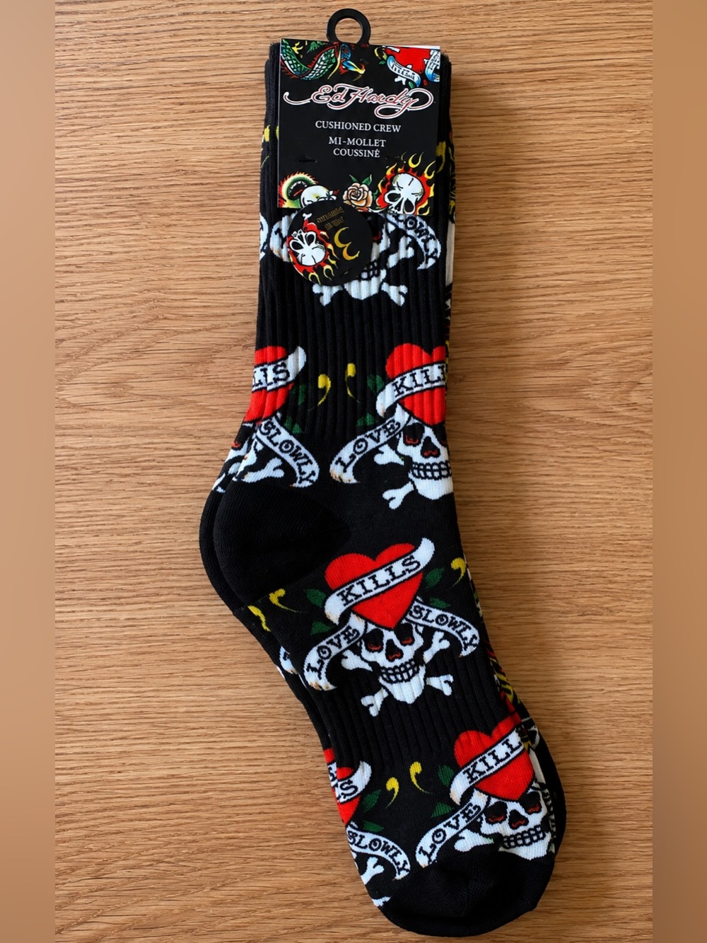 Ed Hardy 3 Pack Crew Socks with Heart Tiger & Skull Tattoo Motifs